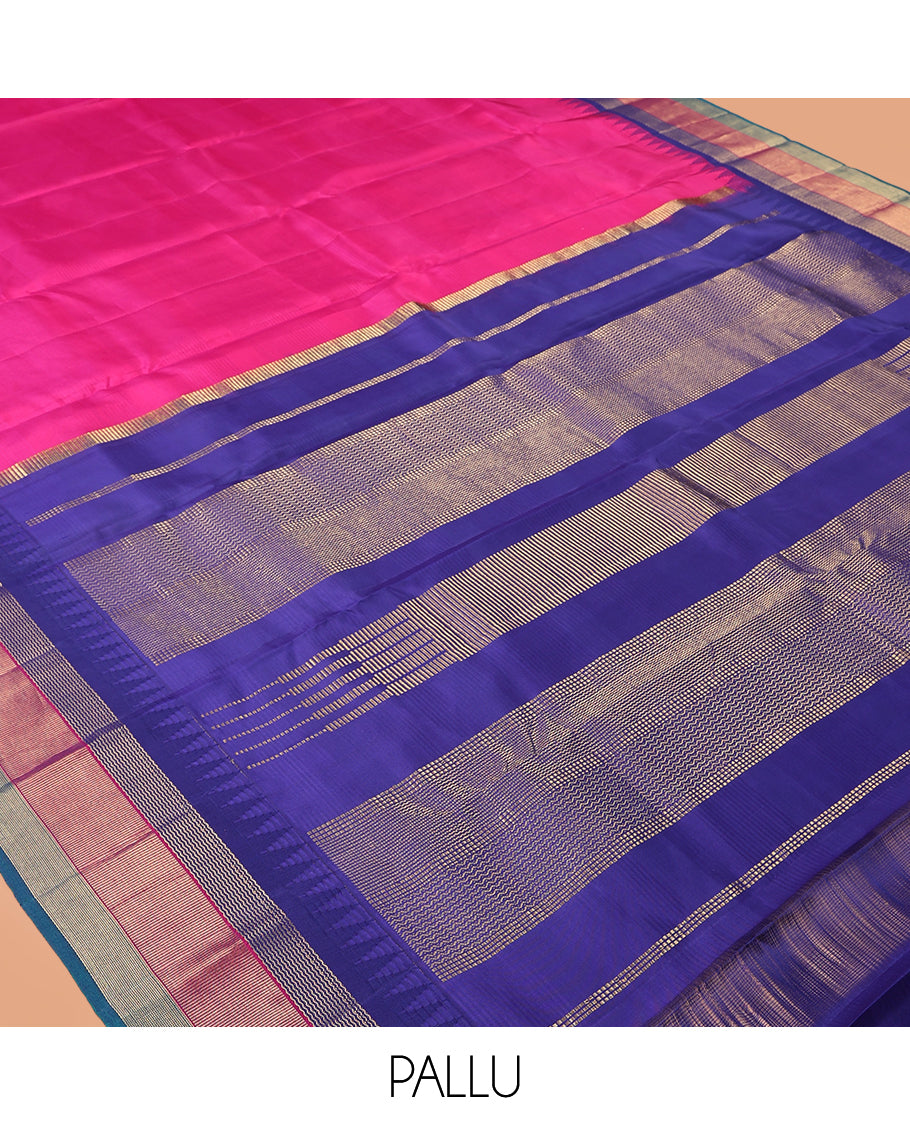 Pink Plain Bangalore Silk Saree, Complemented by a Contrast Temple Border, Pallu of Geometric Designs, and a Contrast Blouse