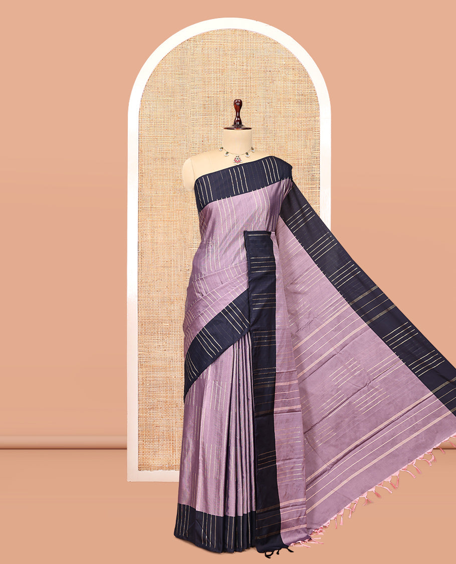 Lavender Arani Saree Features Zari Buttas, a Contrast Zari Buttas Border, Pallu of Zari Stripes, and a Matching Blouse