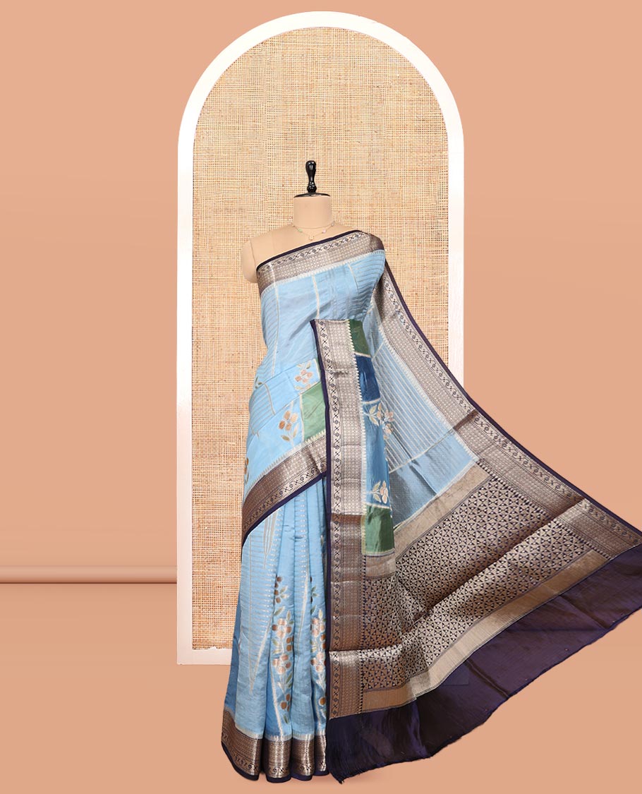 Blue Dupion Silk Saree, Accentuated with Rangkat-Style Mughal Designs, a Contrast Traditional Zari Border, Ogee Pallu, and a Contrast Blouse