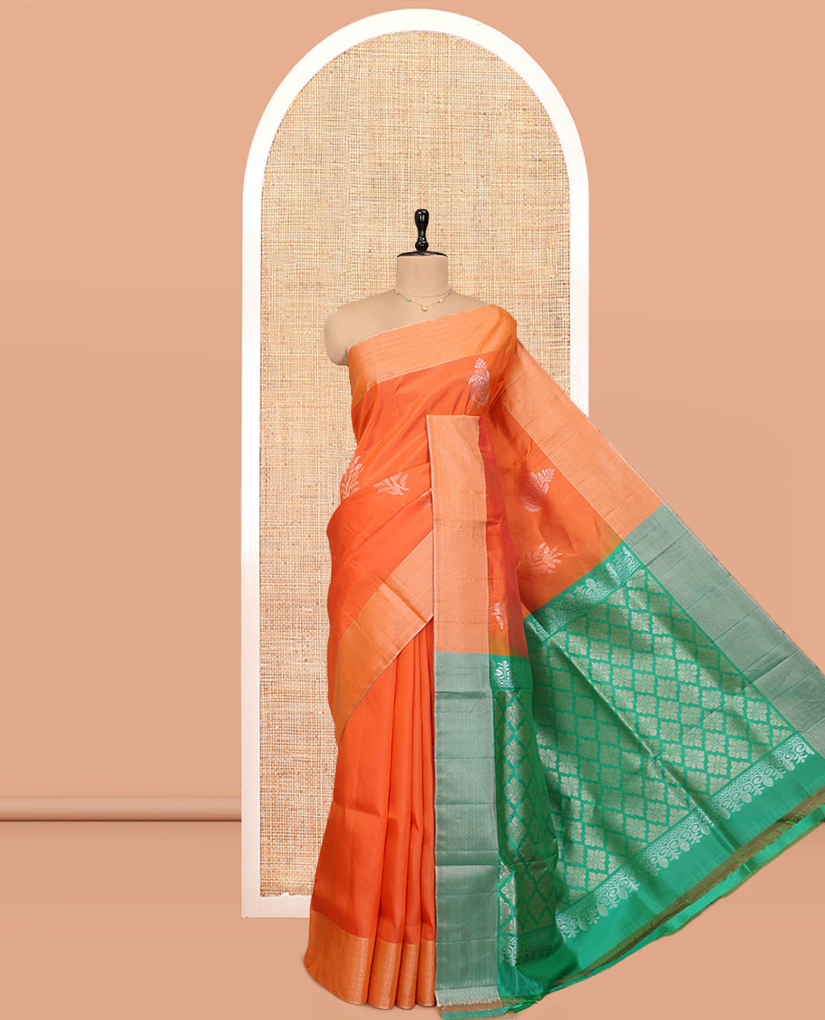 Orange Semi Uppada Saree, Enriched with Zari Buttas, a Bavanji Border, Contrast Intricate Pallu, and a Contrast Blouse
