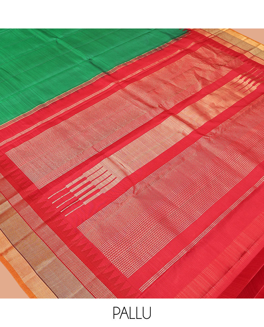 Green-Striped Bangalore Silk Saree, Complemented by a Contrast Temple Ganga-Jamuna Border, Pallu of Temple and Neli Designs, and a Contrast Blouse