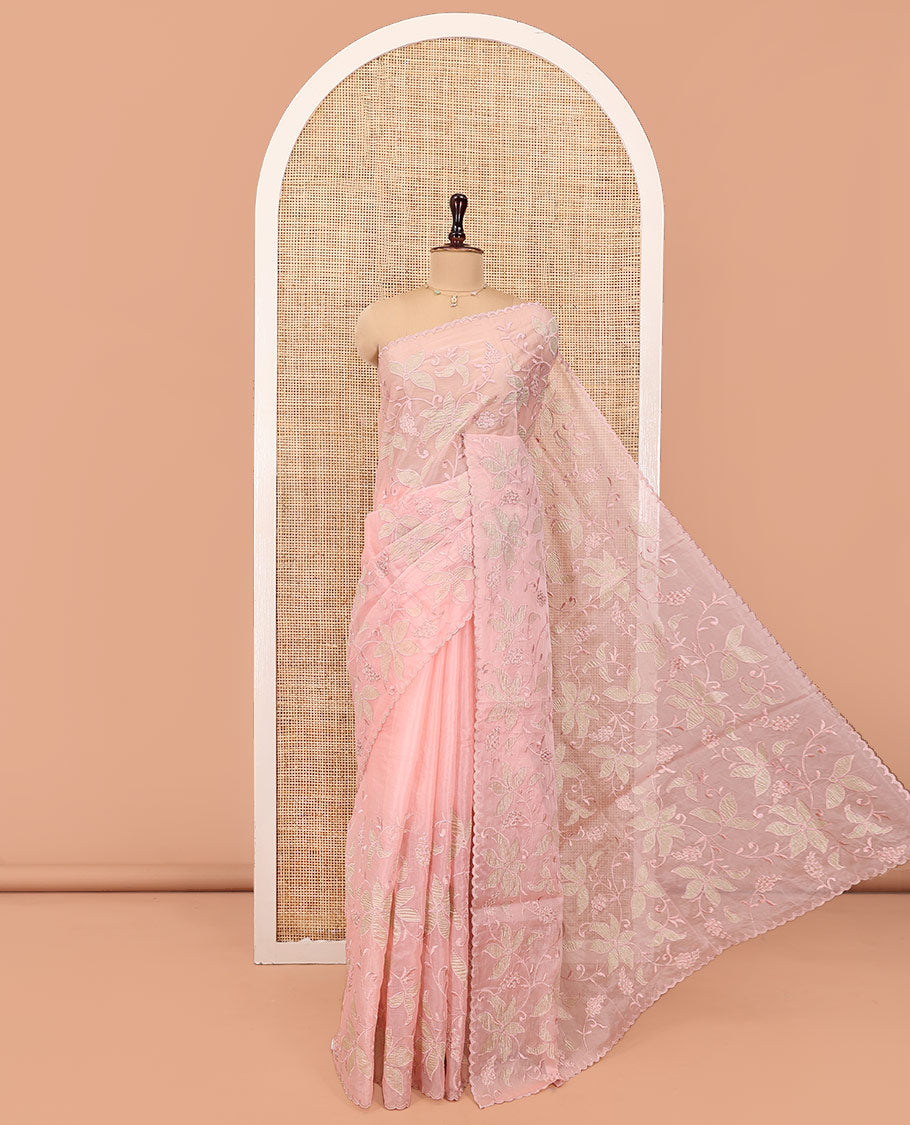 Light Peach Organza Saree, Finely Crafted with Floral Jaal Applique Embroidery All Over Its Body, Scallop Lace Border, Floral Embroidered Pallu, and Paired With a Embroidered Blouse
