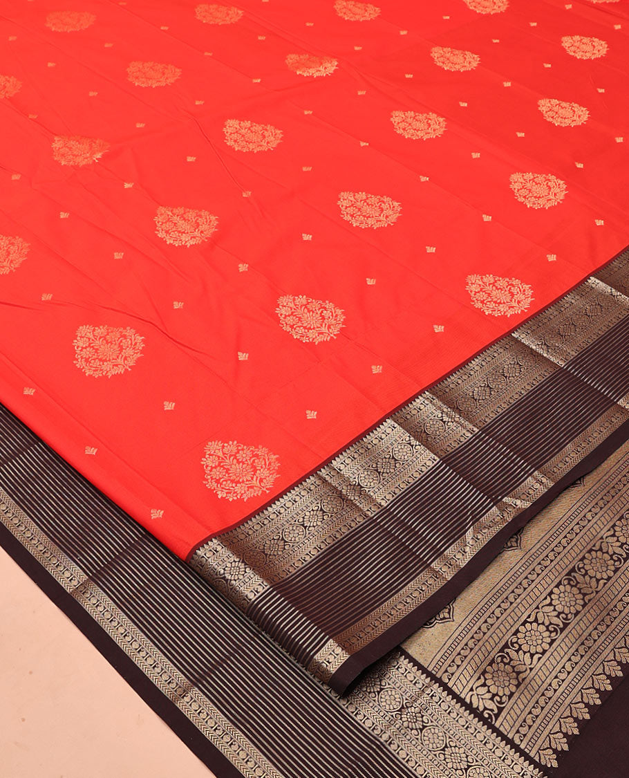 Red And Coffee Brown Budget Silk Saree, Adorned with Floral Zari Buttas All Over Its Body, Complemented by Contrast Traditional Zari Designs Woven Border, Grand Pallu and Paired with a Contrast Blouse
