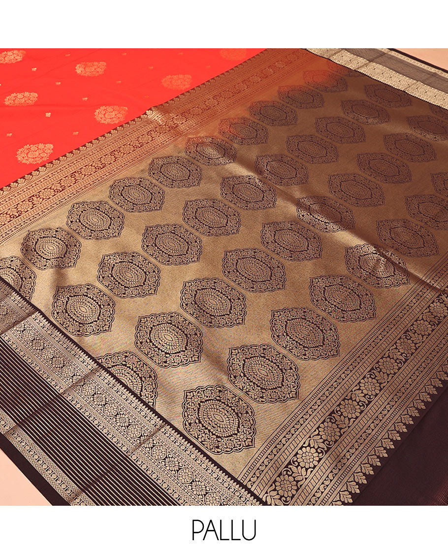 Red And Coffee Brown Budget Silk Saree, Adorned with Floral Zari Buttas All Over Its Body, Complemented by Contrast Traditional Zari Designs Woven Border, Grand Pallu and Paired with a Contrast Blouse