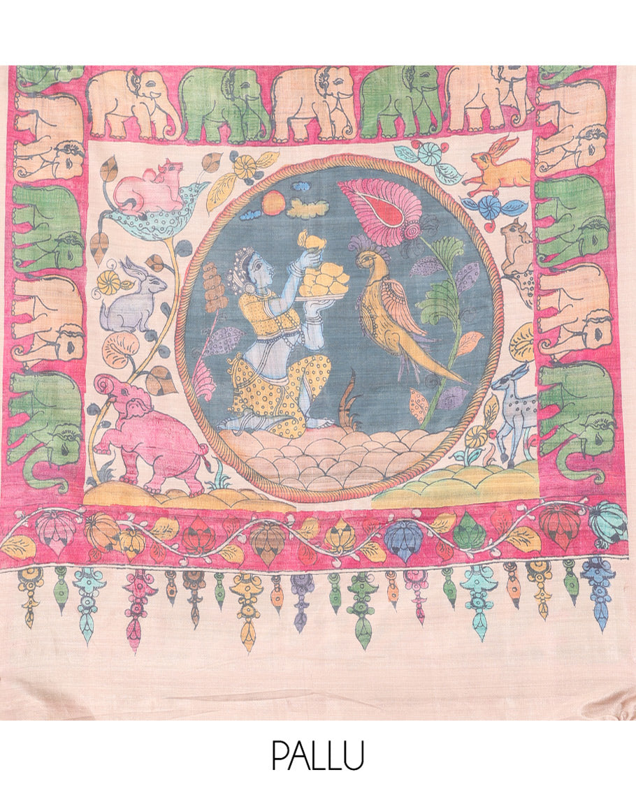 Sandal Fancy Tussar Saree Features Kalamkari Floral and Animal Print, Contrast Elephant Border, Kalamkari Pallu, and a Contrast Blouse