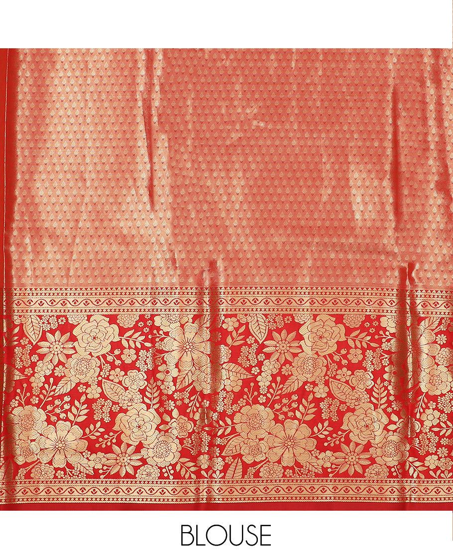 Sandal Art Silk Material Half Saree Set Featuring Jacquard Skirt, a Contrast Floral Zari Design Border, a Zari-Jacquard Blouse, and a Dhavani Graced with Zari Designs