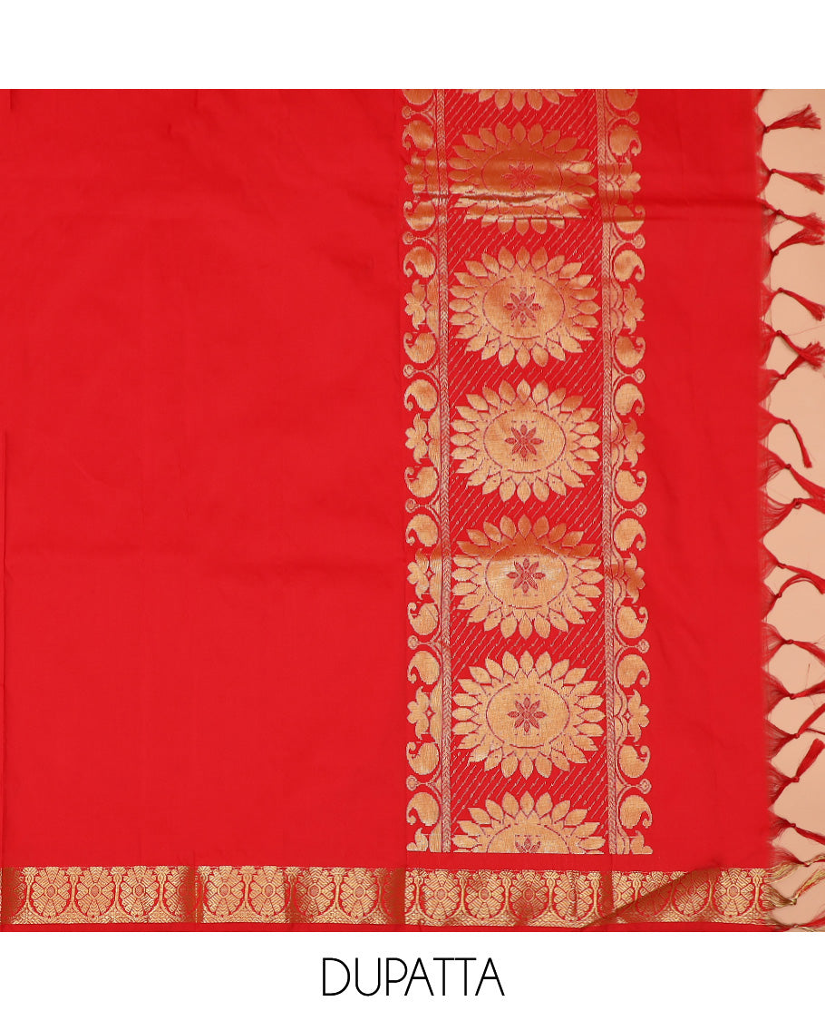 Sandal Art Silk Material Half Saree Set Featuring Jacquard Skirt, a Contrast Floral Zari Design Border, a Zari-Jacquard Blouse, and a Dhavani Graced with Zari Designs