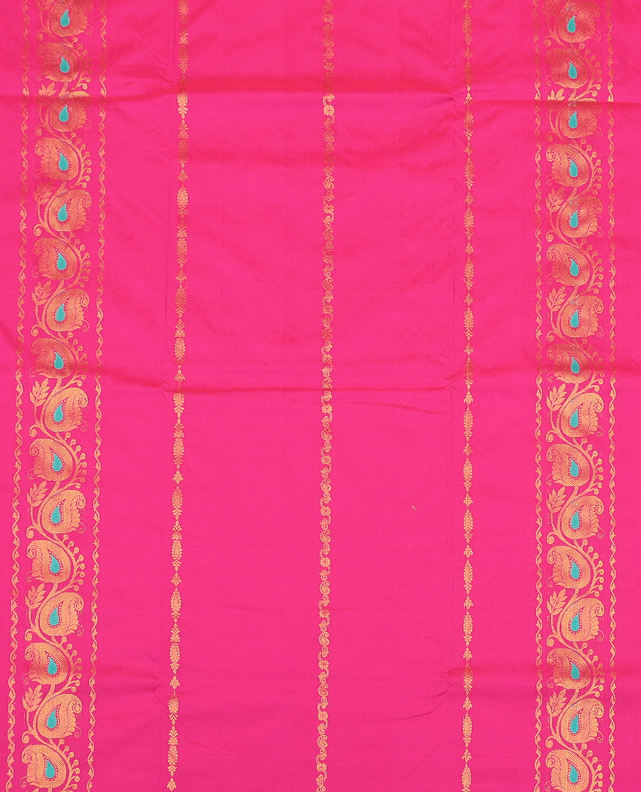 Pink Art Silk Pavadai Material Set, Enriched with Zari Designs on Its Skirt, Complemented by a Contrast Traditional Zari Border, and a Matching Blouse