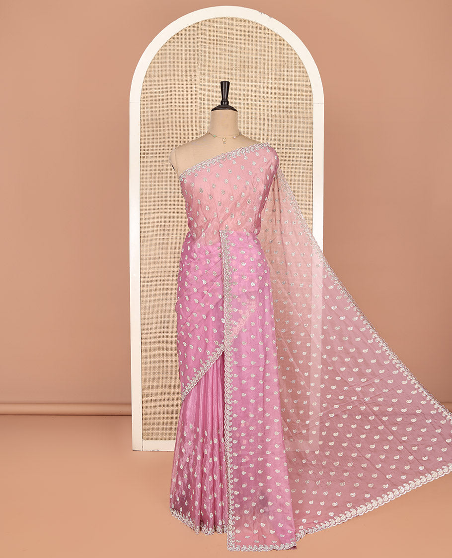 Pink Designer Saree, Prettified with Paisley Stone Work, Scallop Stone Work Border, a Self-Pallu, and a Matching Blouse