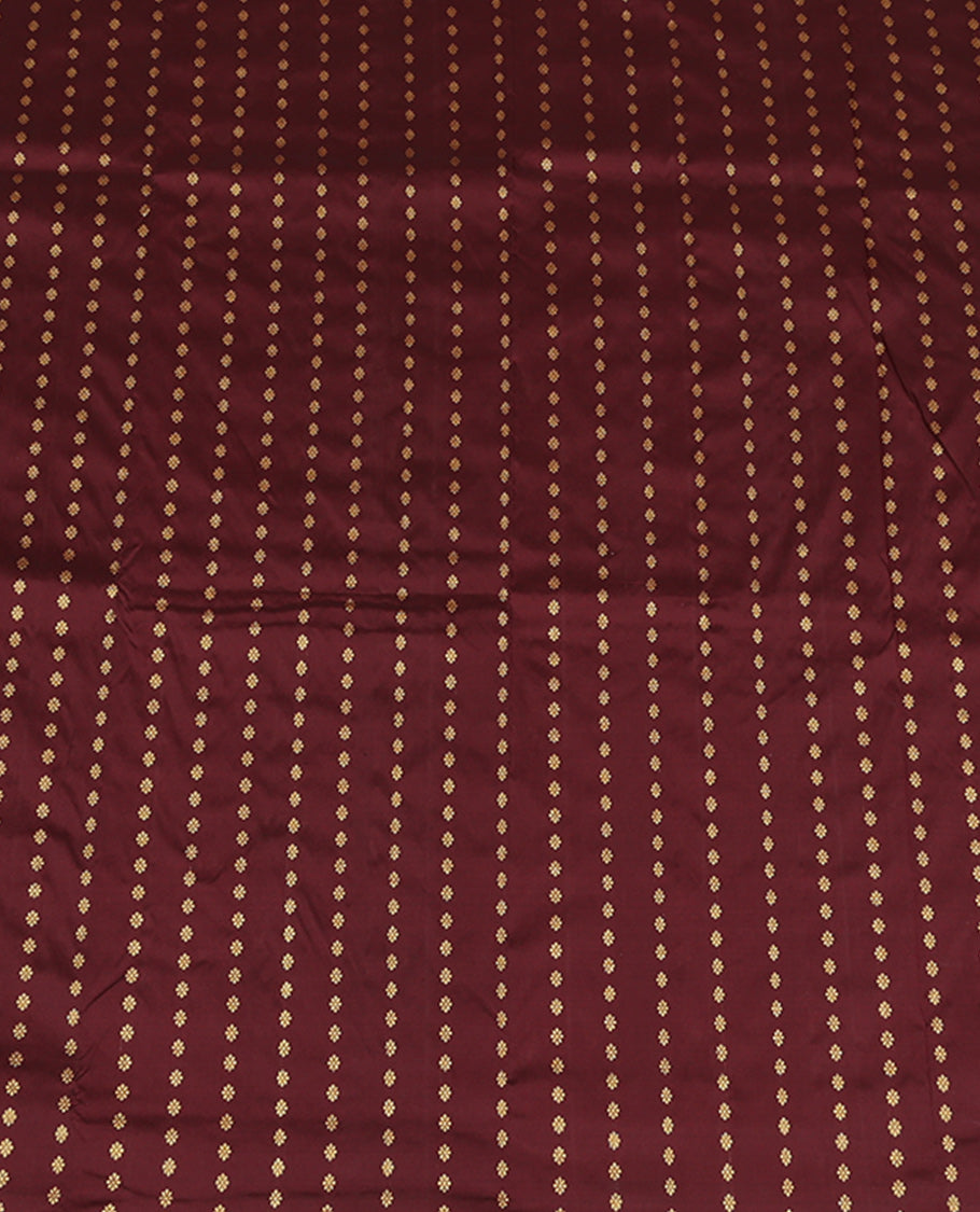 Brown Pure Silk Pavadai Material, Embellished with Zari Buttas on Its Skirt, a Contrast Traditional Zari Border, and a Contrast Blouse
