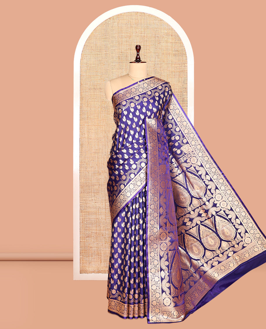 Blue Semi-Banarasi Saree, Spotlighted with Zari Buttas, a Floral Creeper Border, Rich Pallu, Matching Blouse