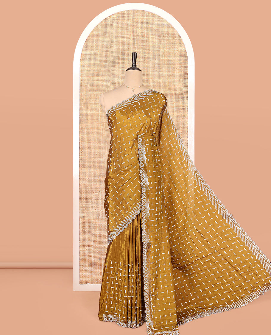 Mustard Designer Saree, Steeped in Richness of Stonework, a Scallop Stonework Border, and a Matching Blouse