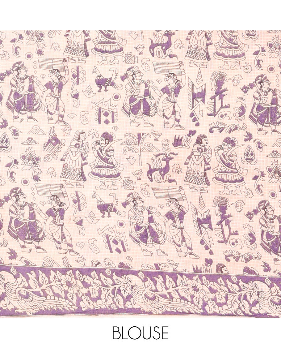 Borderless Red Kalamkari Cotton Saree Features Human Motifs Print, Contrast Ancient Human Printed Kalamkari Pallu, and a Contrast Blouse
