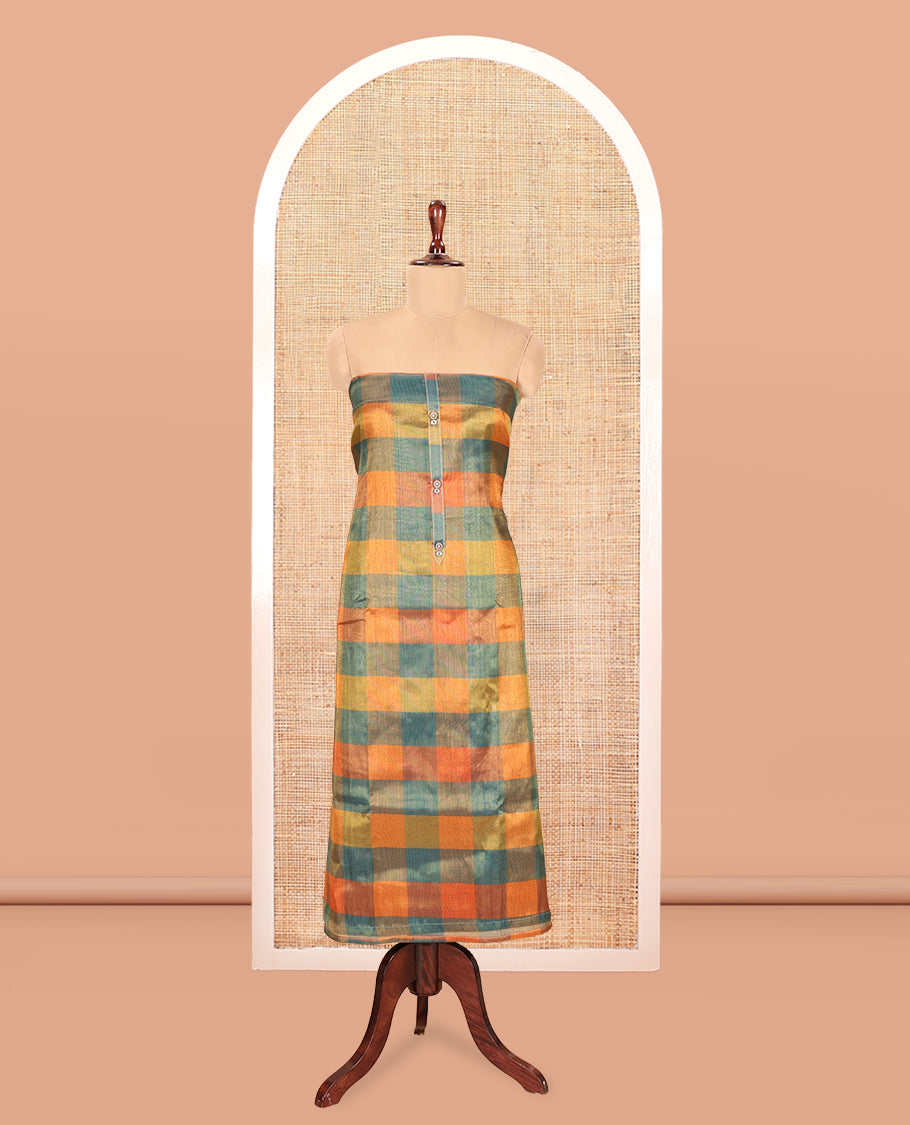 Multi-Color Shimmer Tissue Material Churidar, Accentuated with Madras Checked Neckwork Top, a Contrast Bottom, and a Sequins Striped Dupatta