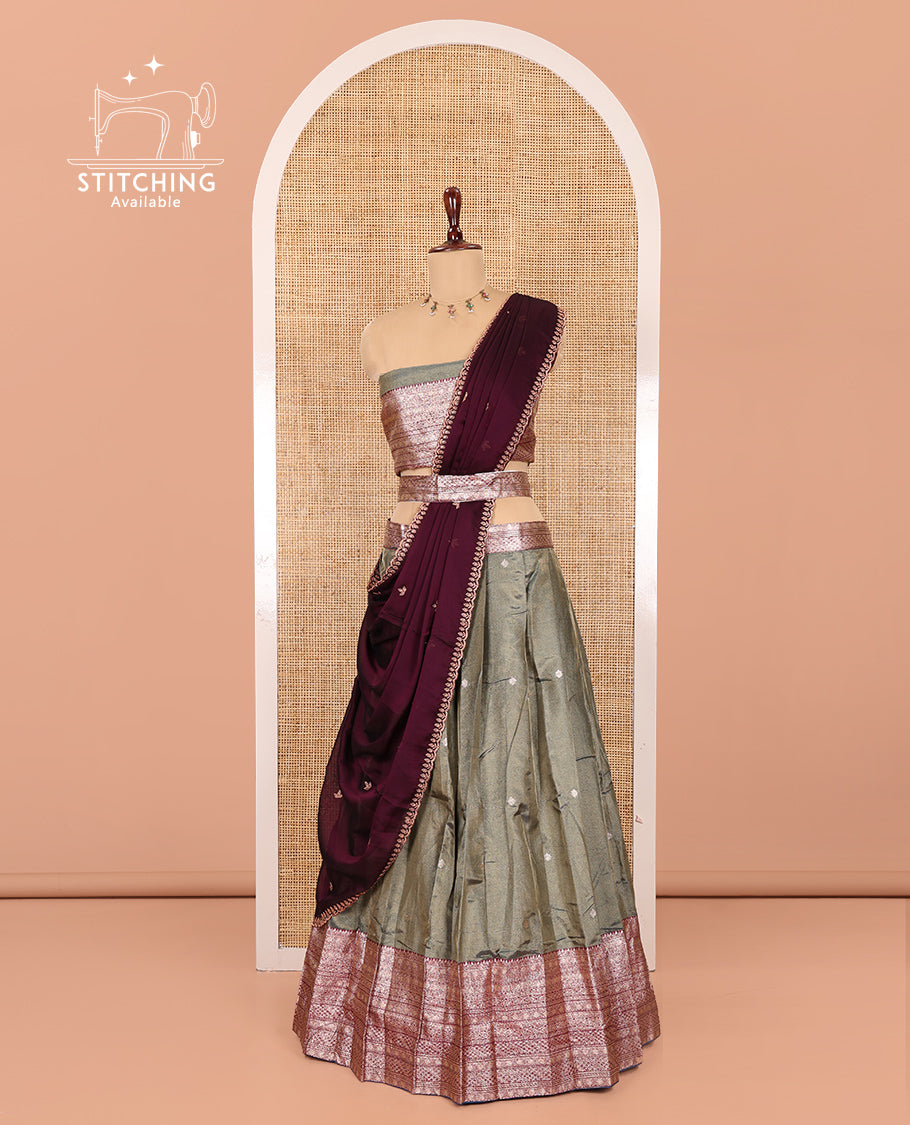 Steel Grey-Wine Banarasi Silk Half-Saree Features Buttas Skirt, Contrast Traditional Border, Matching Blouse, Contrast Embroidered Dhavani