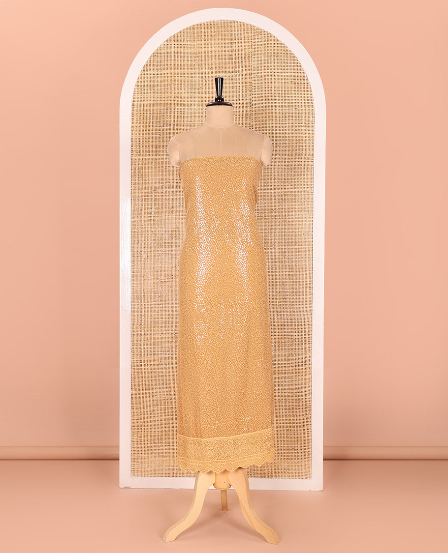 Golden Material Chudidar Set Features Sequin Embroidered Georgette Top, a Plain American Crepe Bottom, and a Scallop Dupatta Embellished with Floral Vine Embroidery