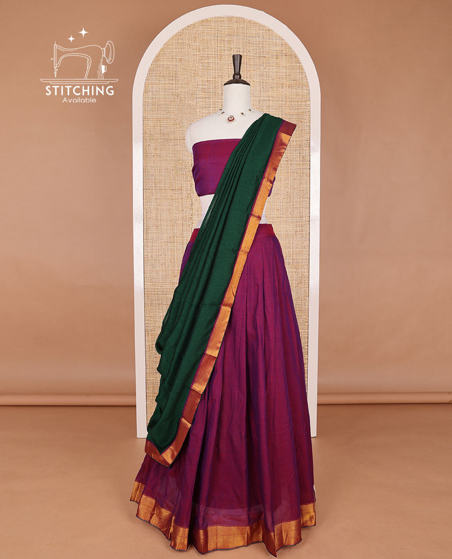 Purple mercerised cotton daman zari border half saree with cotton blouse & georgette one side zari border