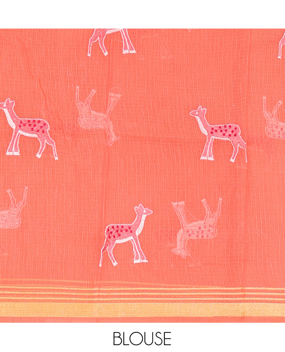 Chikku Kota Doria Saree, Delicately Woven with Floral and Deer Embroidery, a Scallop Border, and a Contrast Deer Embroidery Blouse