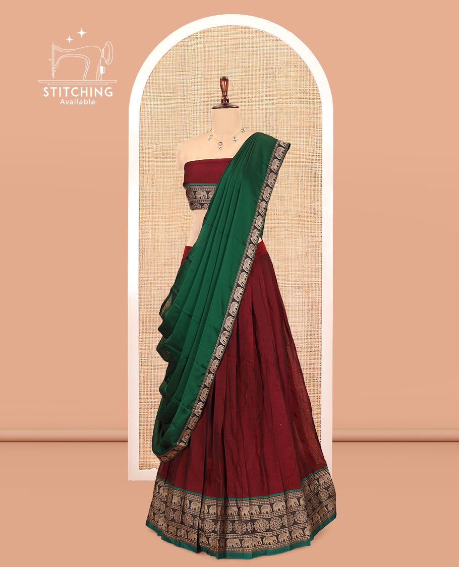 Maroon Mercerised Cotton Half-Saree, Plain Skirt, an Elephant Motif Border, a Matching Blouse, Contrast Dhavani