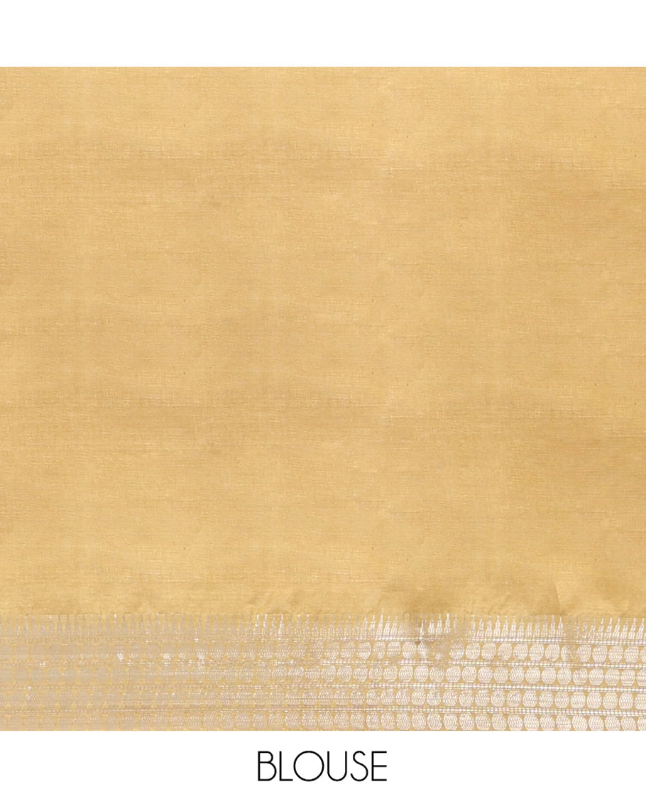Sandal Banana Pith Saree, Subtly Woven with Square Buttas All Over Its Body, Subtle Traditional Border, Pallu of Buttas and Stripes, and Paired with a Matching Blouse
