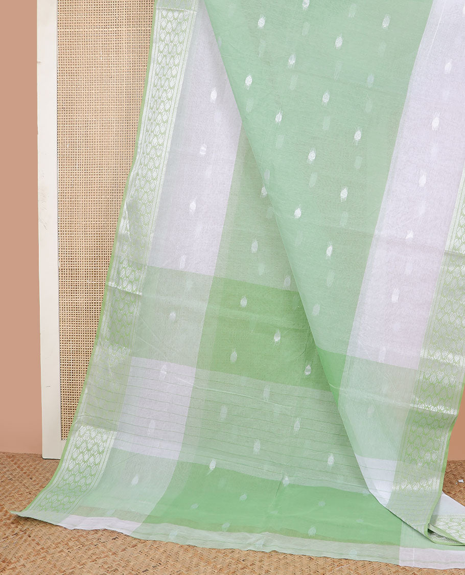 White with green motifs bengal cotton saree with contrast zari design border
