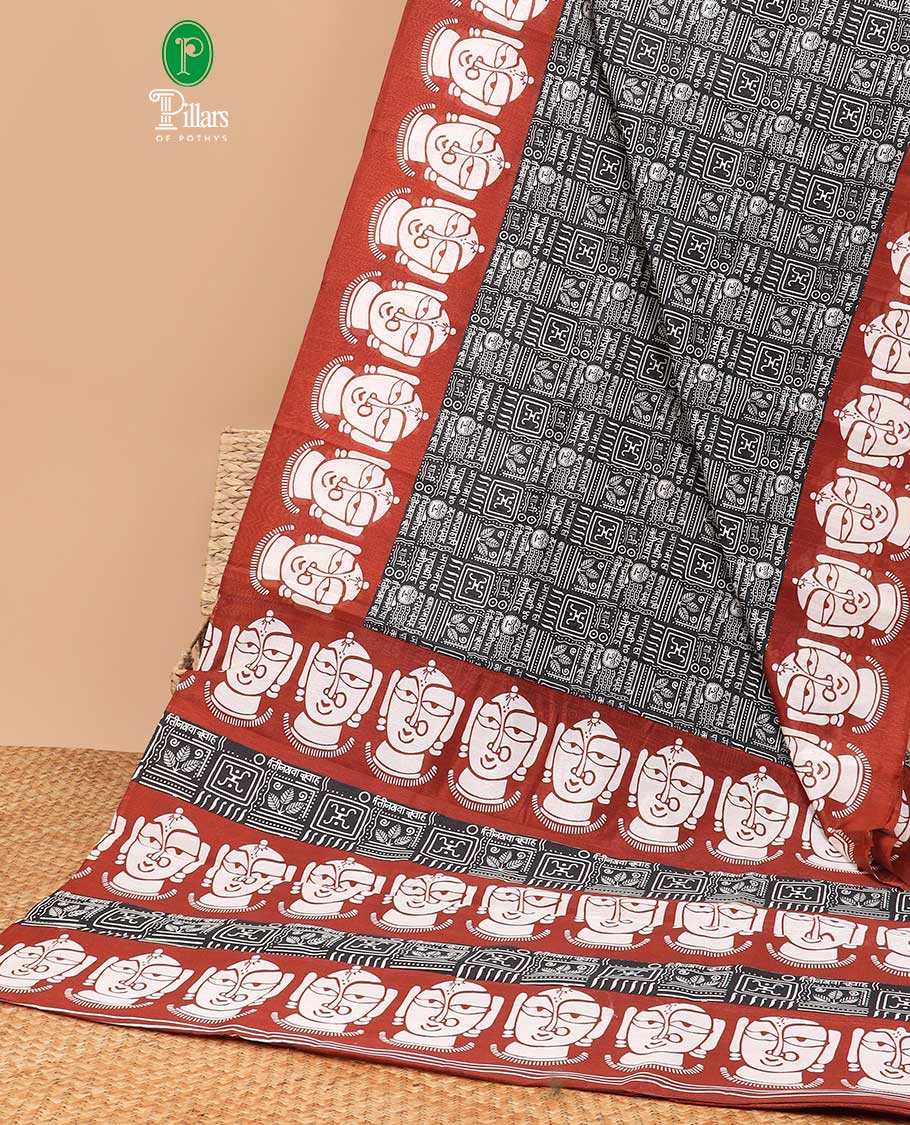 Black all over ajantha traditional printed semi-bhagalpur cotton saree with contrast human design border & rich printed pallu