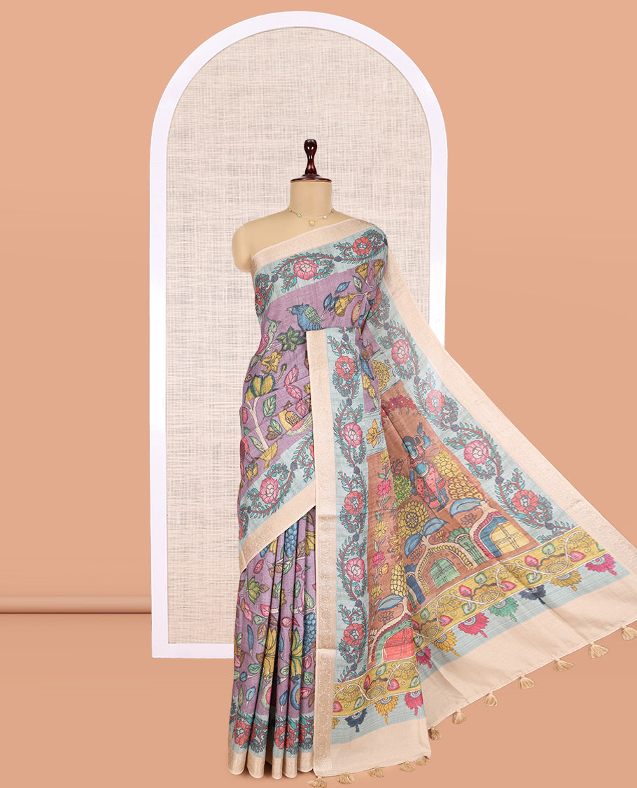 Violet Kalamkari Printed Fancy Tussar Saree