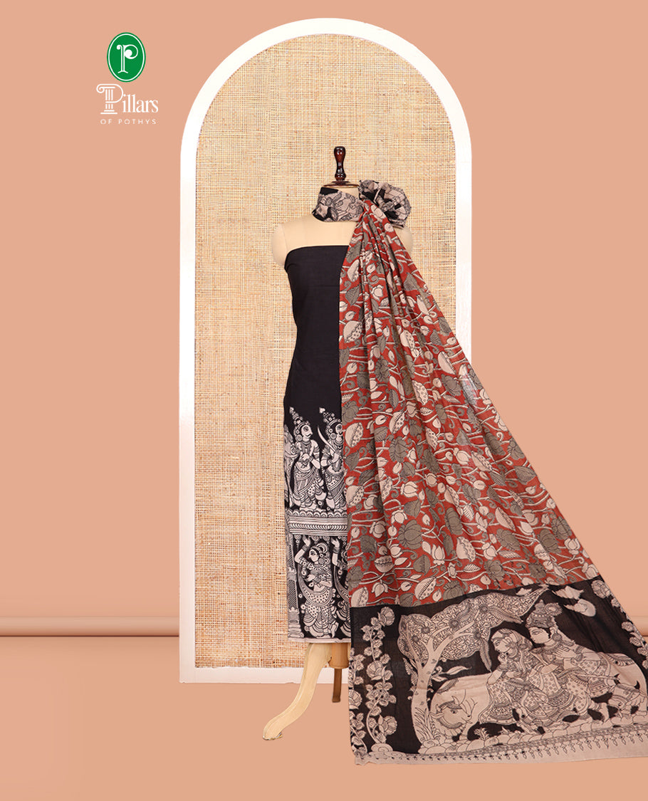 Black Cotton Material Churidar Features Kalamkari Printed Top, a Plain Bottom, and a Kalamkari Printed Dupatta