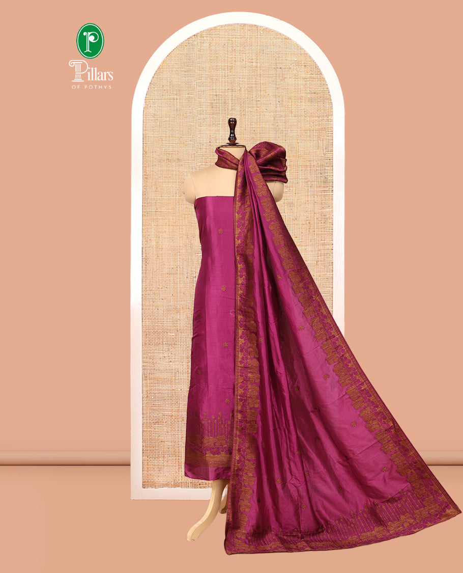 Purple Semi Silk Material Chudidar Set, Adorned with Copper Zari Intricate Design Woven Top, a Santoon Bottom, Matching Dupatta