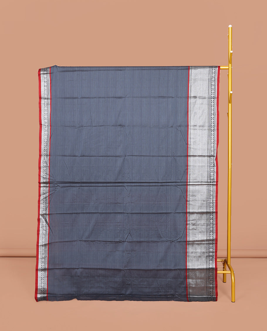 Grey Striped Narayanpet Cotton Saree, Complemented by a Contrast Traditional Zari Design Border, Striped Pallu, and Comes Without a Blouse