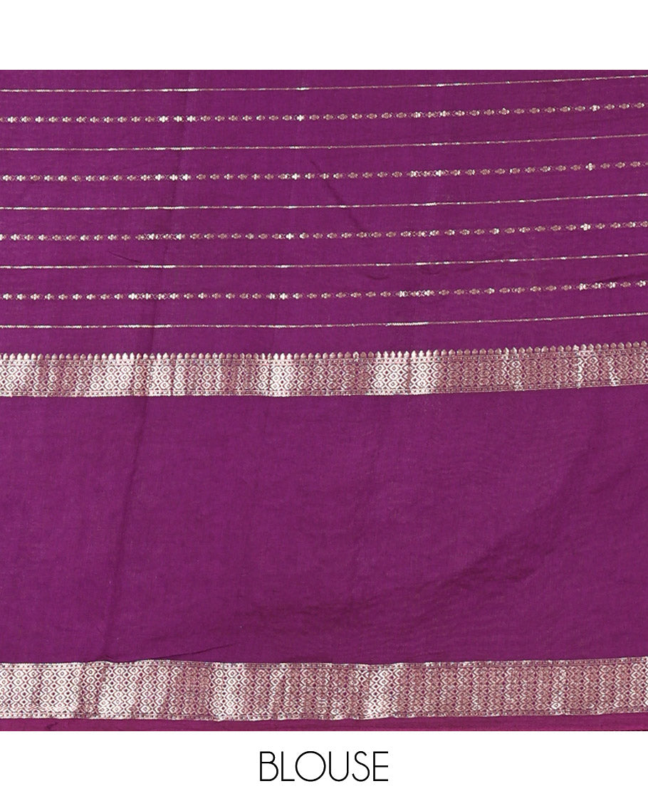 Off-White Assam Silk Saree Featuring Horizontal Zari Stripes, Contrast Floral Embroidered Border, Zari Striped Pallu, and Contrast Blouse
