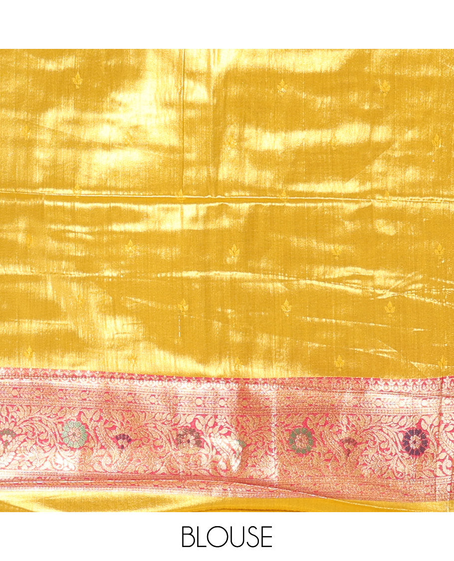 Mustard zari buttas tissue silk saree, contrast border of patola design and traditional motifs, jaal pallu, and a matching blouse