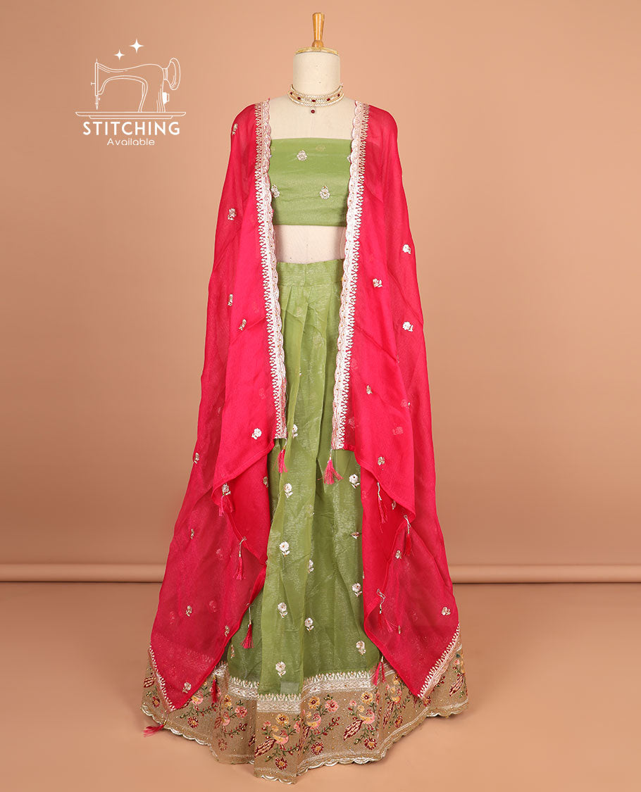 Green floral motifs thread embroidery half saree with floral embroidery border , floral motifs blouse & floral embroidery scallop border dhavani