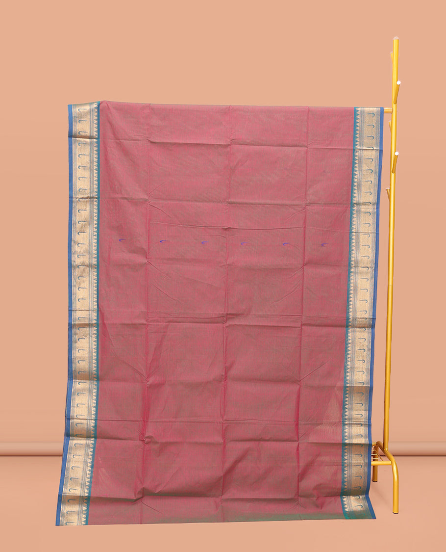 Pink Dual-Toned Chettinad Cotton Saree, Steeped with Muniya Buttas On Its Body, Complemented by a Contrast Traditional Muniya Border, Pallu of Stripes, and Paired with a Matching Blouse