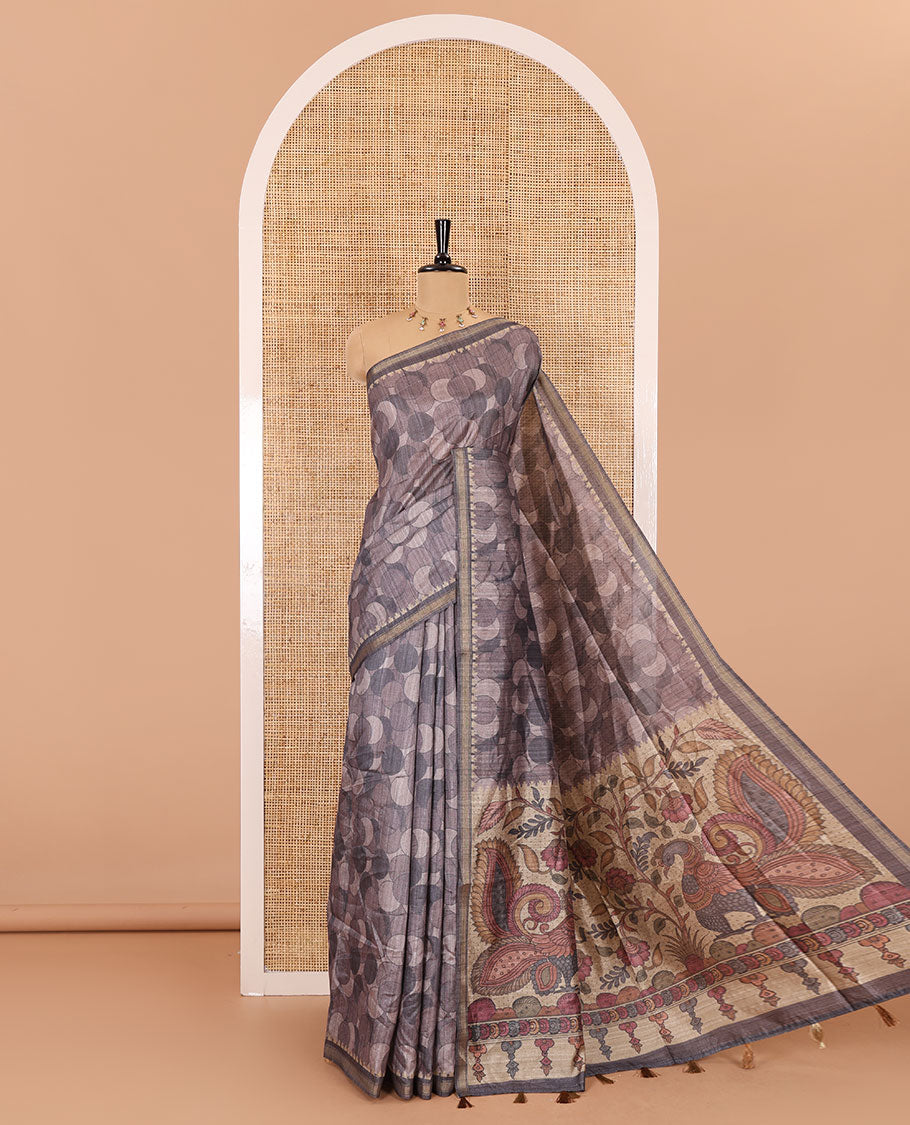 Grey circle abstract printed fancy tussar saree, tissue border, pallu of kalamkari peacock print, and kalamkari floral printed blouse