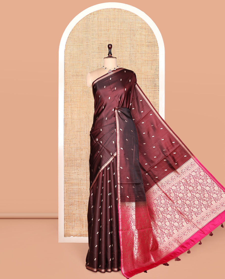 Maroon Satin Silk Saree, Finely Crafted with Buttas, a Subtle Piping Border, Complemented by a Contrast Floral-Paisley Jaal Pallu, and a Contrast Blouse