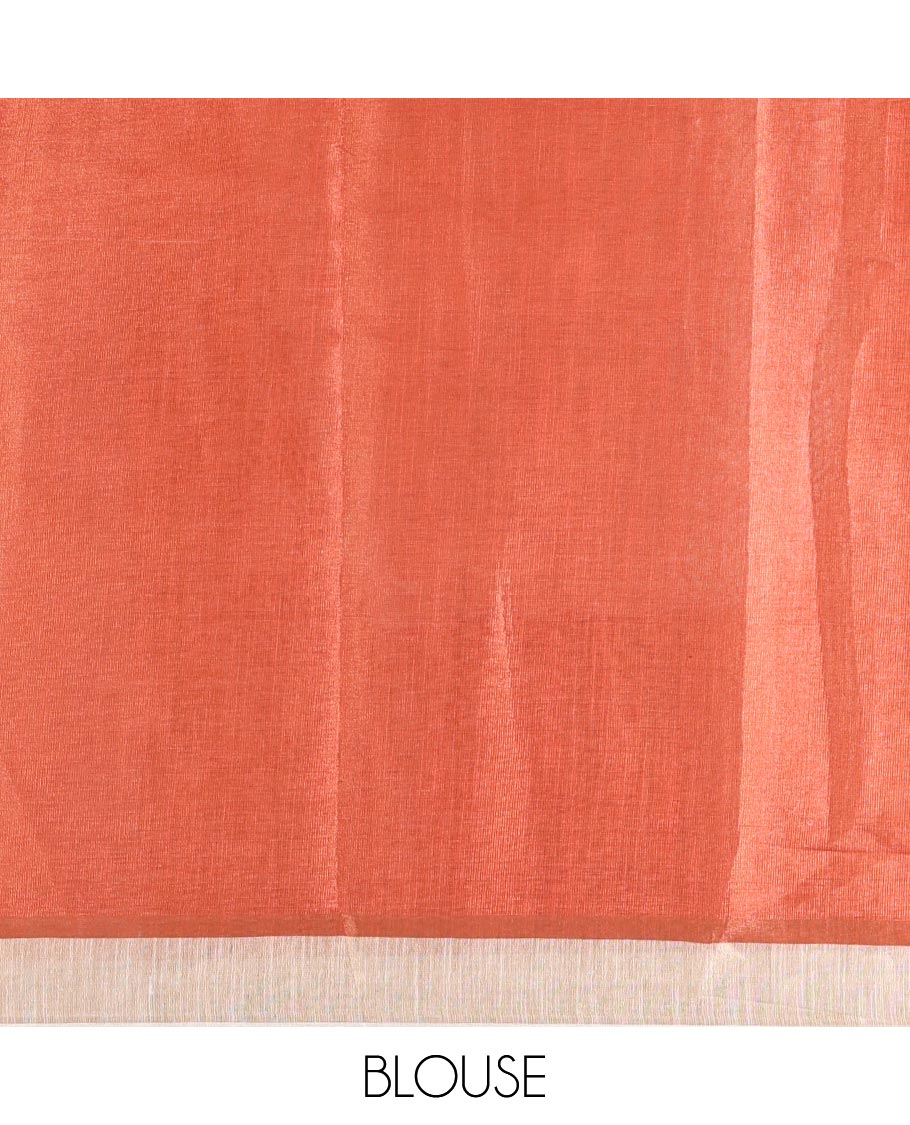 Cream and Orange Plain Tissue Saree Creatively Decked with Contrasting Kerala Mural Painting-Style Intricately Printed Border, Painting-Style Printed Pallu, and a Contrast Plain Blouse