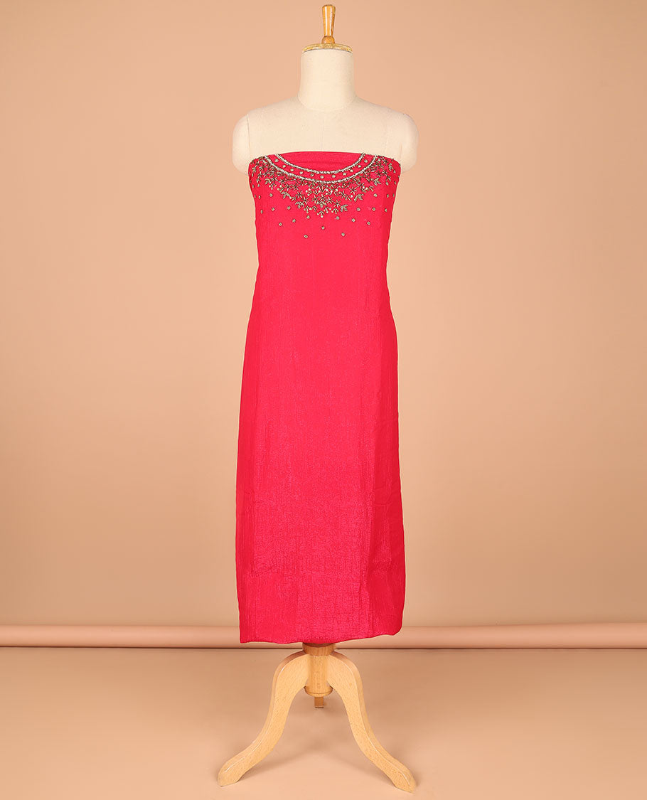 Red chiffon chudidhar material set gold hanwork top with santoon bottom
