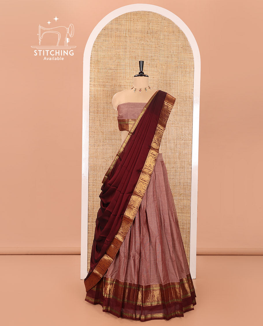 Onion and Maroon Chettinad Cotton Half-Saree Featuring Plain Skirt, Complemented by Contrast Rettai Pettu Traditional Border of Peacock and Elephant Designs, Paired with a Matching Blouse, and a Satin Georgette Zari Bordered Dhavani