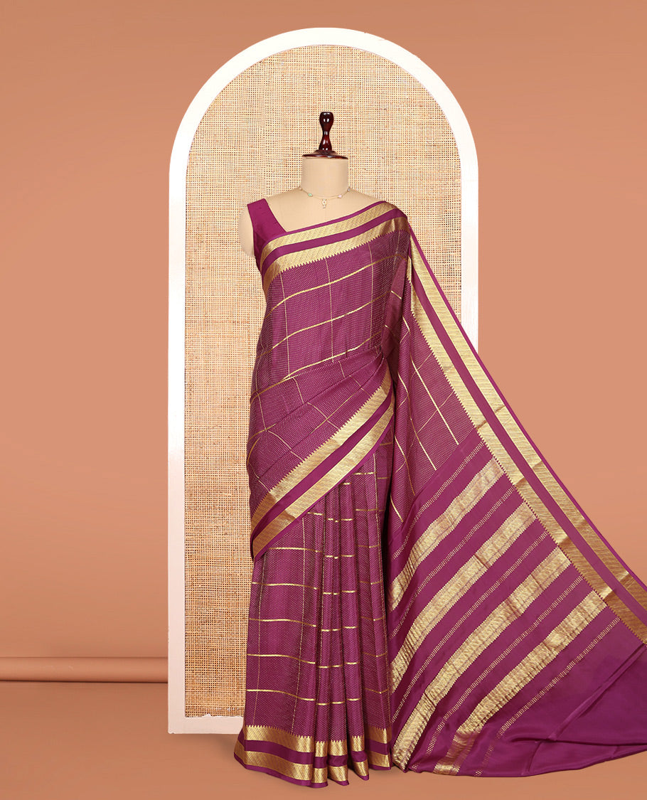 Magenta Mysore Silk Saree Features Checked Pattern, Complemented by Double-pet Zari Border, an Grand Pallu, and a Matching Blouse