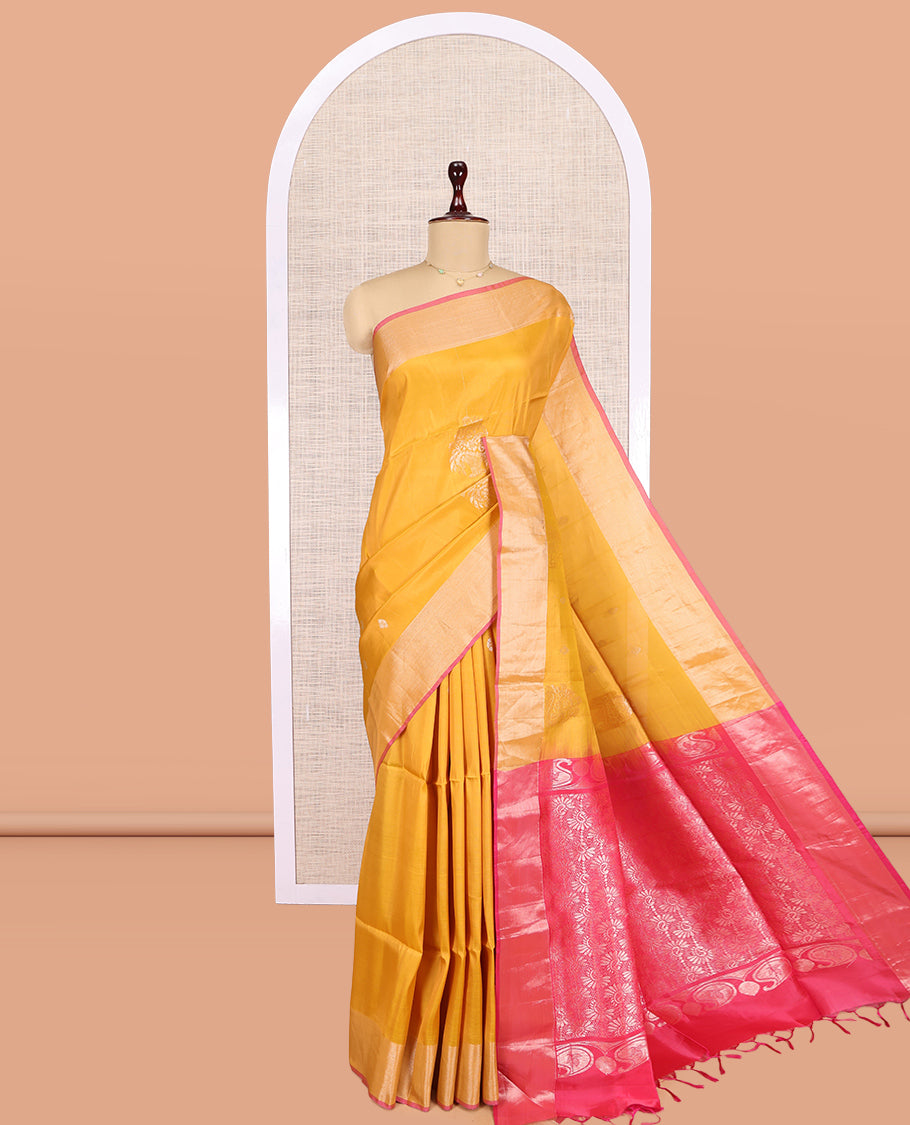 Yellow Uppada Saree, Embellished with Zari Buttas, a Bavanji Border, Contrast Intricate Pallu, and a Contrast Blouse