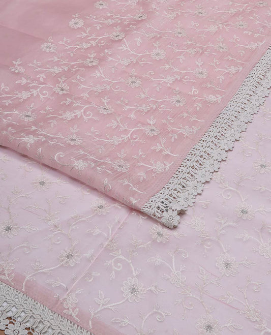 Light pink floral thread embroidery organza saree with lace border