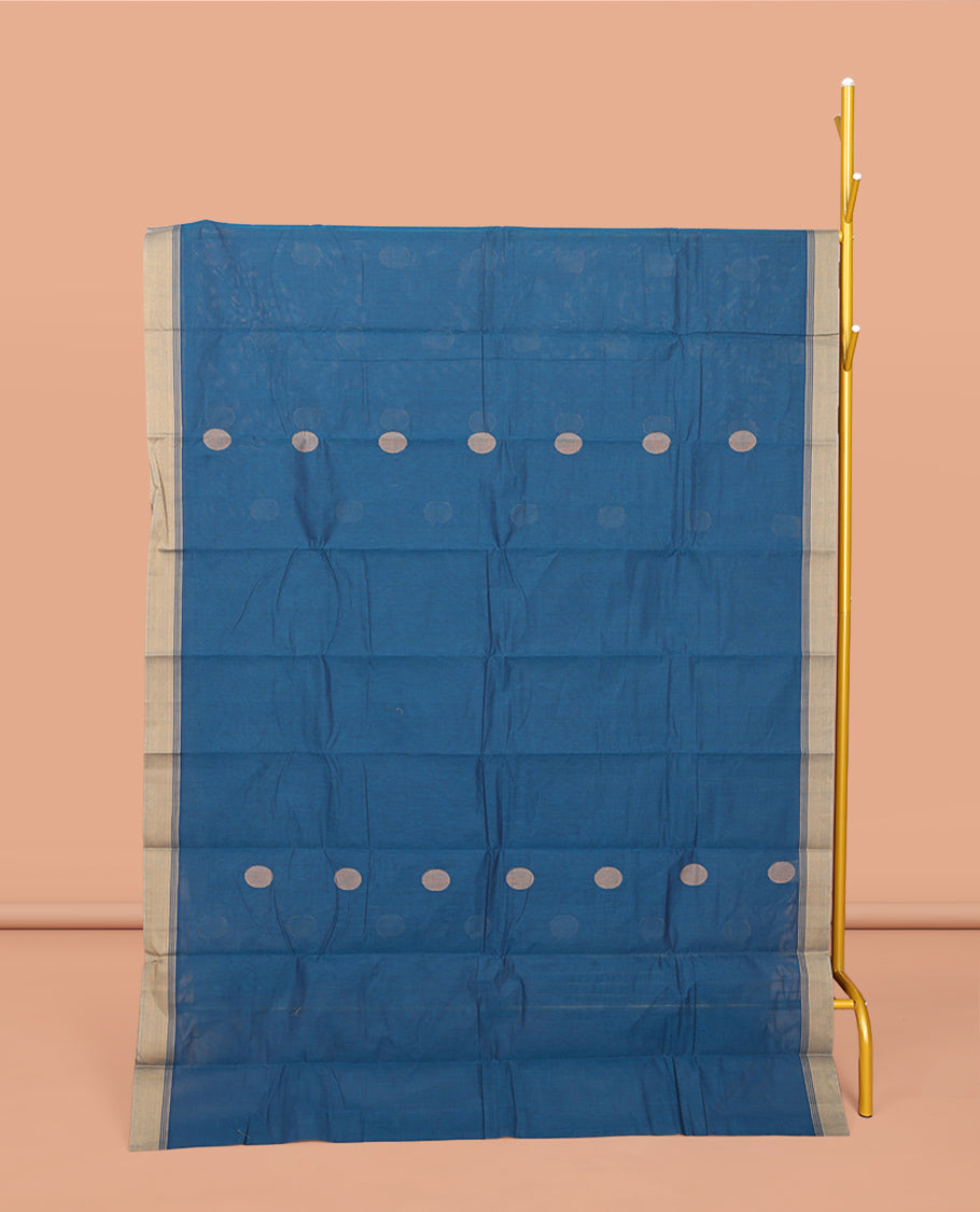Blue Kanchi Cotton Saree, Embellished with Buttas All Over Its Body, Complemented by a Contrast Border, Pallu of Jaal Design, and Paired with a Matching Blouse