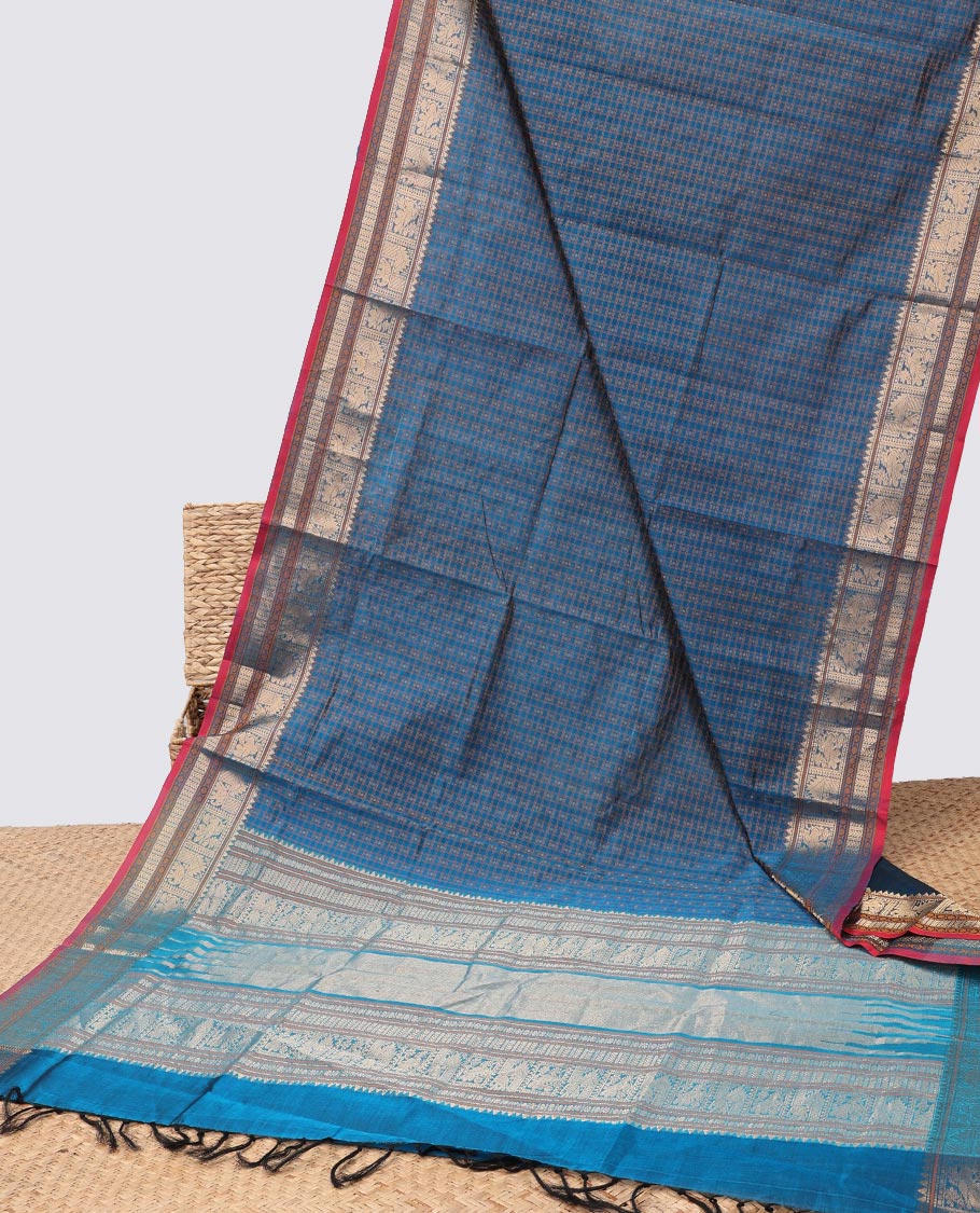 Blue motifs enclosed with checked cotton silk saree with self traditional zari design border & intricate zari design pallu