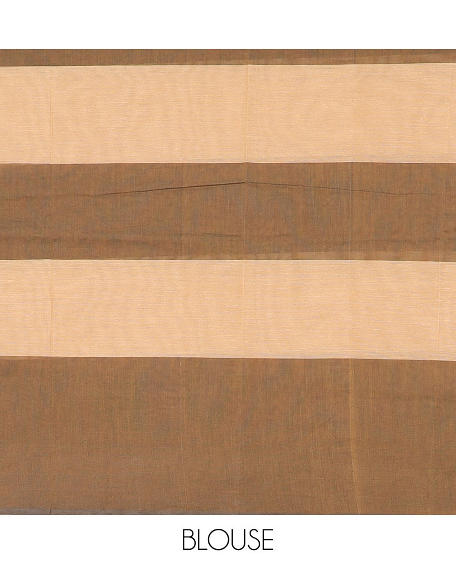 Borderless Brown and Sandal Coimbatore Cotton Saree Vibrantly Designed with Buttas All Over Its Body, Complemented by Pallu of Floral-Geometric Designs, and Paired with a Matching Blouse