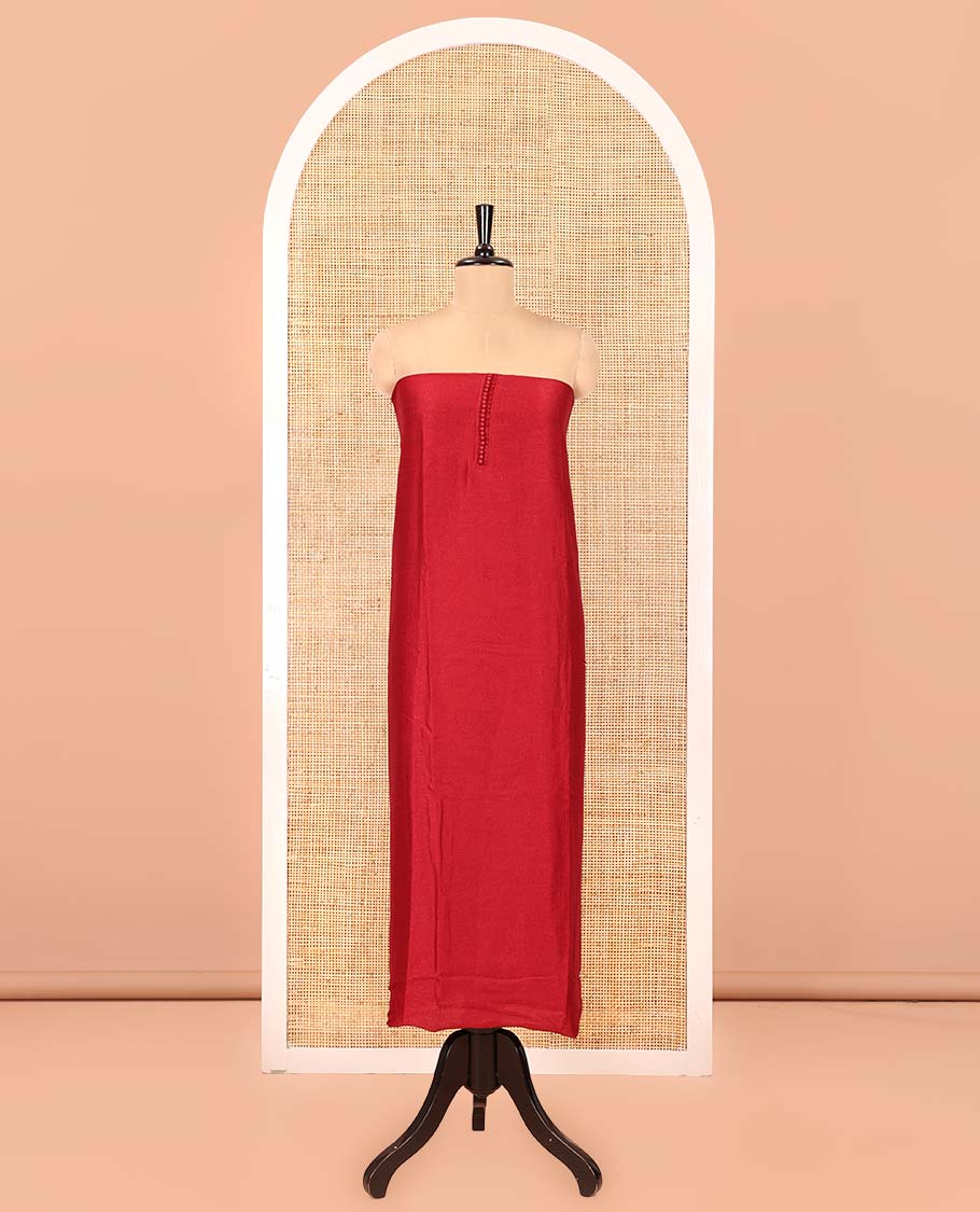 Red Material Chudidar Set, Subtly Woven with Pom-Pom Potli Neck Vichitra Silk Top, a Plain Santoon Bottom, Paired with Crushed Georgette Dupatta of Ajrakh Print and Mirror Work