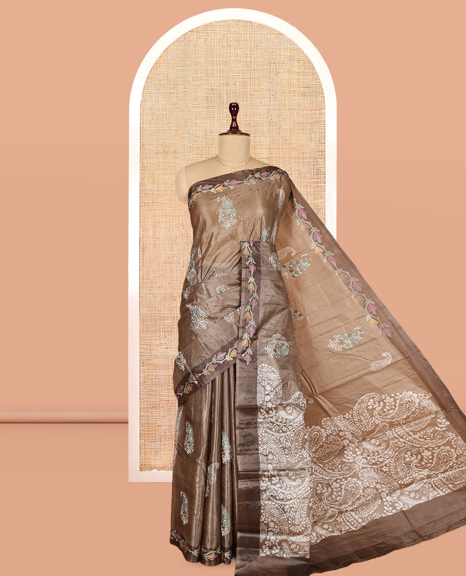 Brown Tusser Silk Saree, Finely Crafted with Paisley Embroidered Buttas, a Embroidered Border, Paisley Pallu, and a Matching Blouse