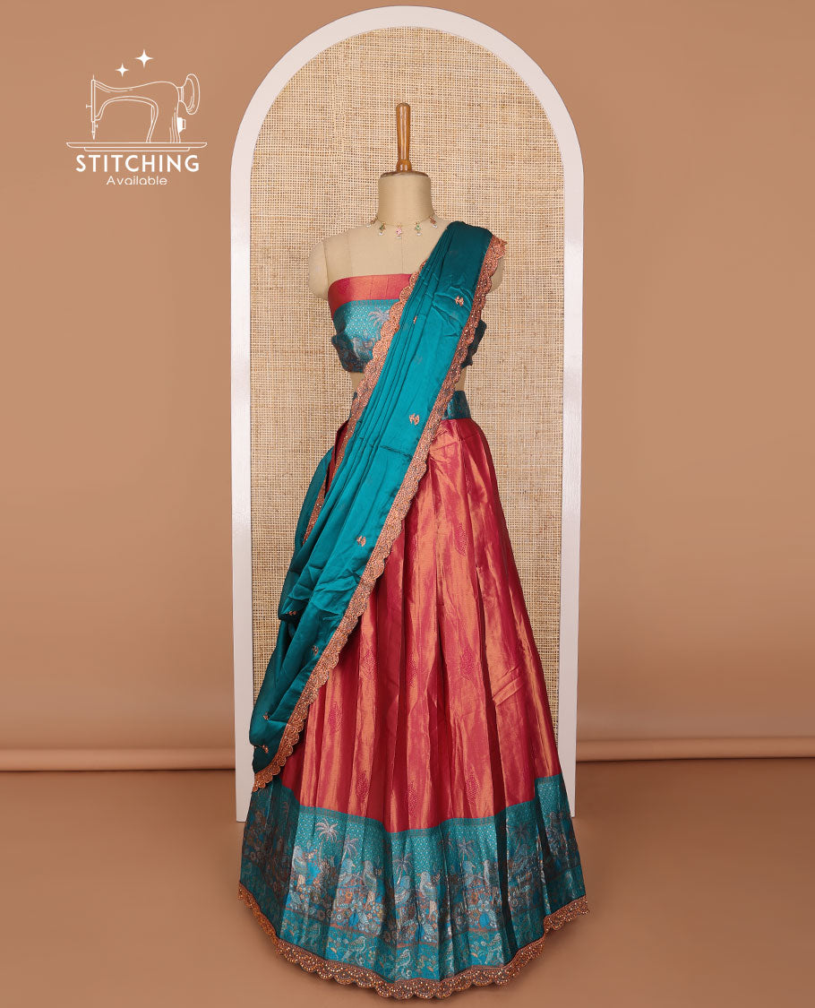Red tissue half saree with contrast forest theme border, forest theme design blouse & floral embroidery, scallop border dhavani