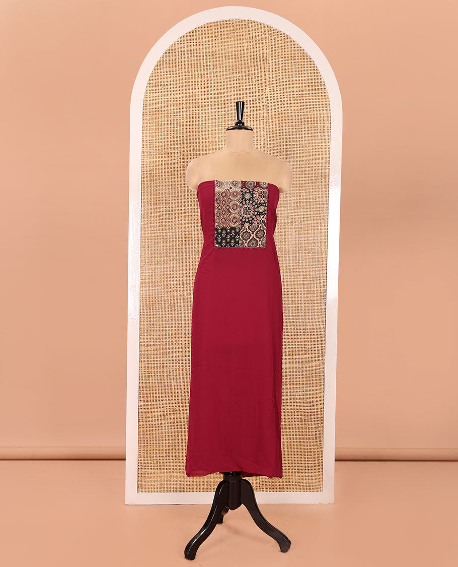 Wine Material Chudidhar Set, Enriched with Ajrakh-Style Print and Mirror Work Fox Georgette Top, Santoon Plain Bottom, and Georgette Dupatta of Ajrakh Print and Mirror Work