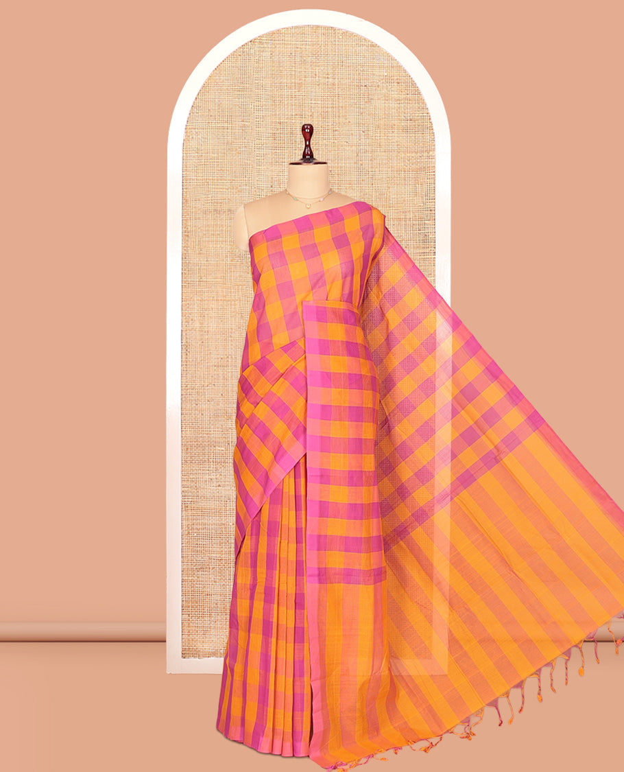 Borderless Pink-Orange Mangalagiri Cotton Saree